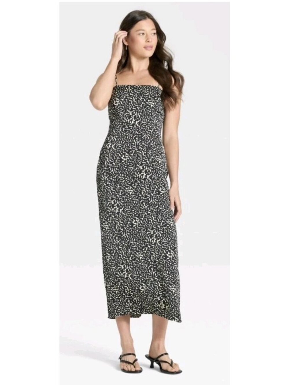 A New Day Animal Print Midi Dress L NWT Smocked Cami Black White $40. WL98